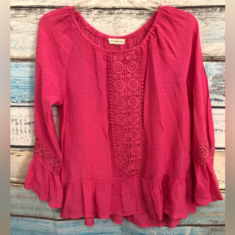 Retrology Womens Peasant Top Flounce Sleeves Fuchsia Size Small